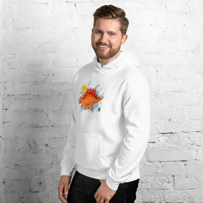 A man standing wearing a white hoodie with the printed graphic of an orange cartoon dinosaur and the sun, by Wizard Prints.