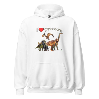 Men's white hoodie with the printed graphic of life like dinosaurs and the words I love Dinosaurs, by Wizard Prints.