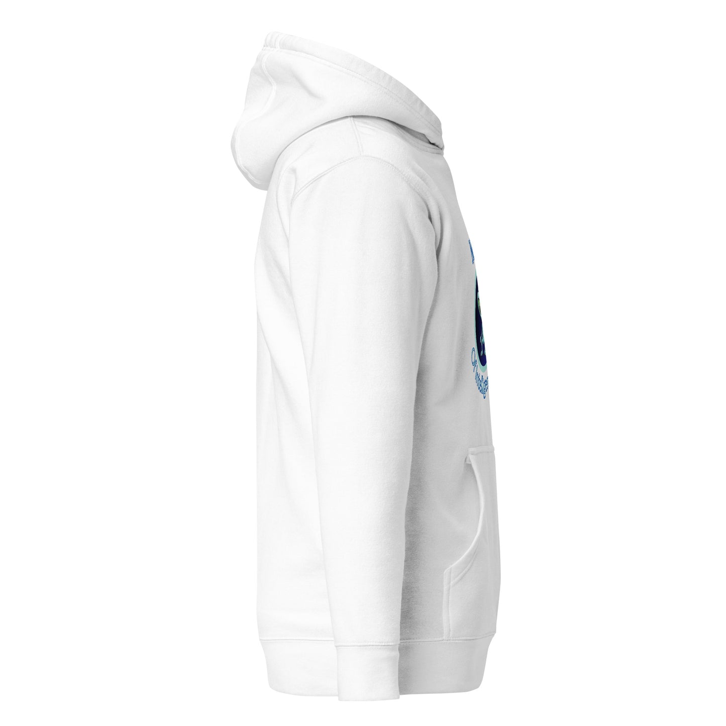 Side view of a men's white hoodie by Wizard Prints Shop.