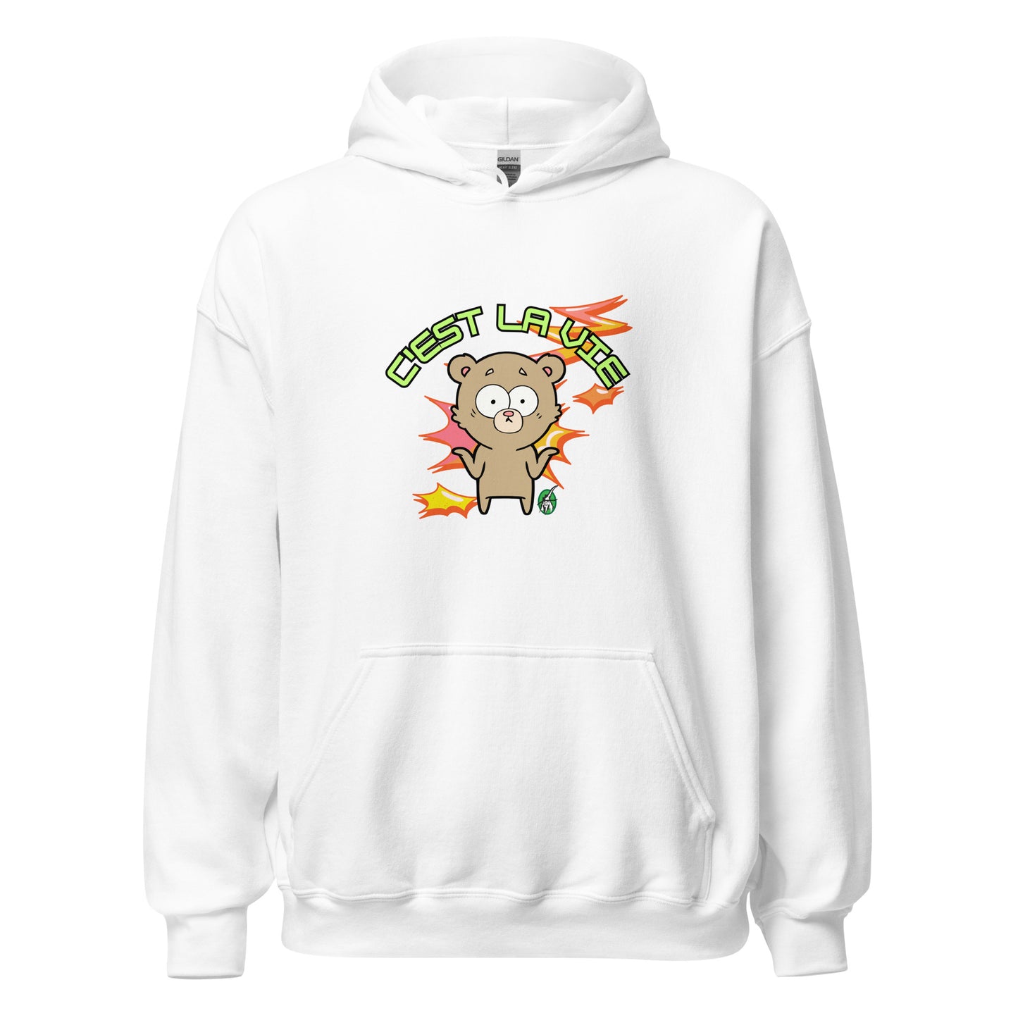 Men's white hoodie by Wizard Prints featuring a printed graphic of a shrugging cartoon bear and the words, C'est La Vie.