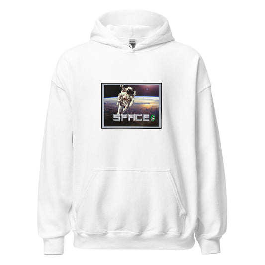 Men's white hoodie with the printed graphic of a real astronaut in space and the word, Space, by Wizard Prints.