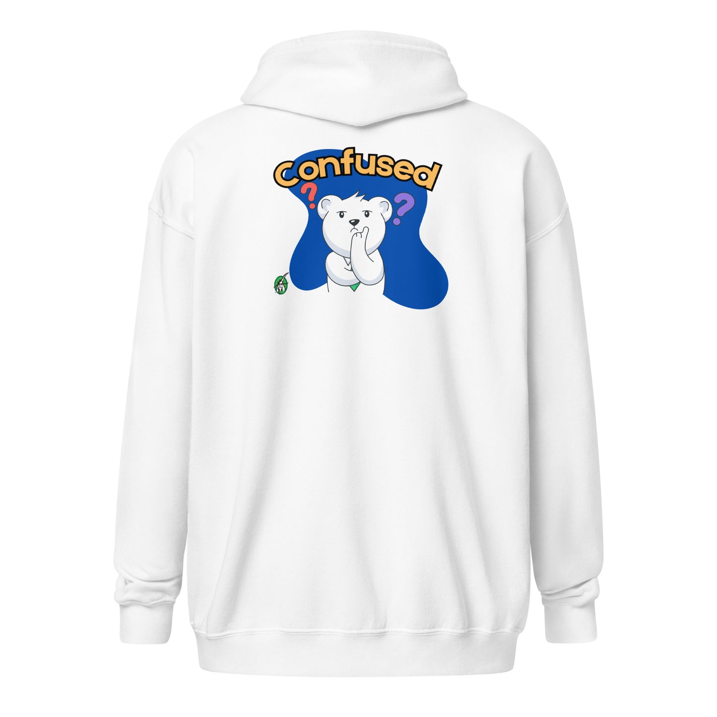 Men's white zip-through hoodie with a funny confused bear graphic by Wizard Prints