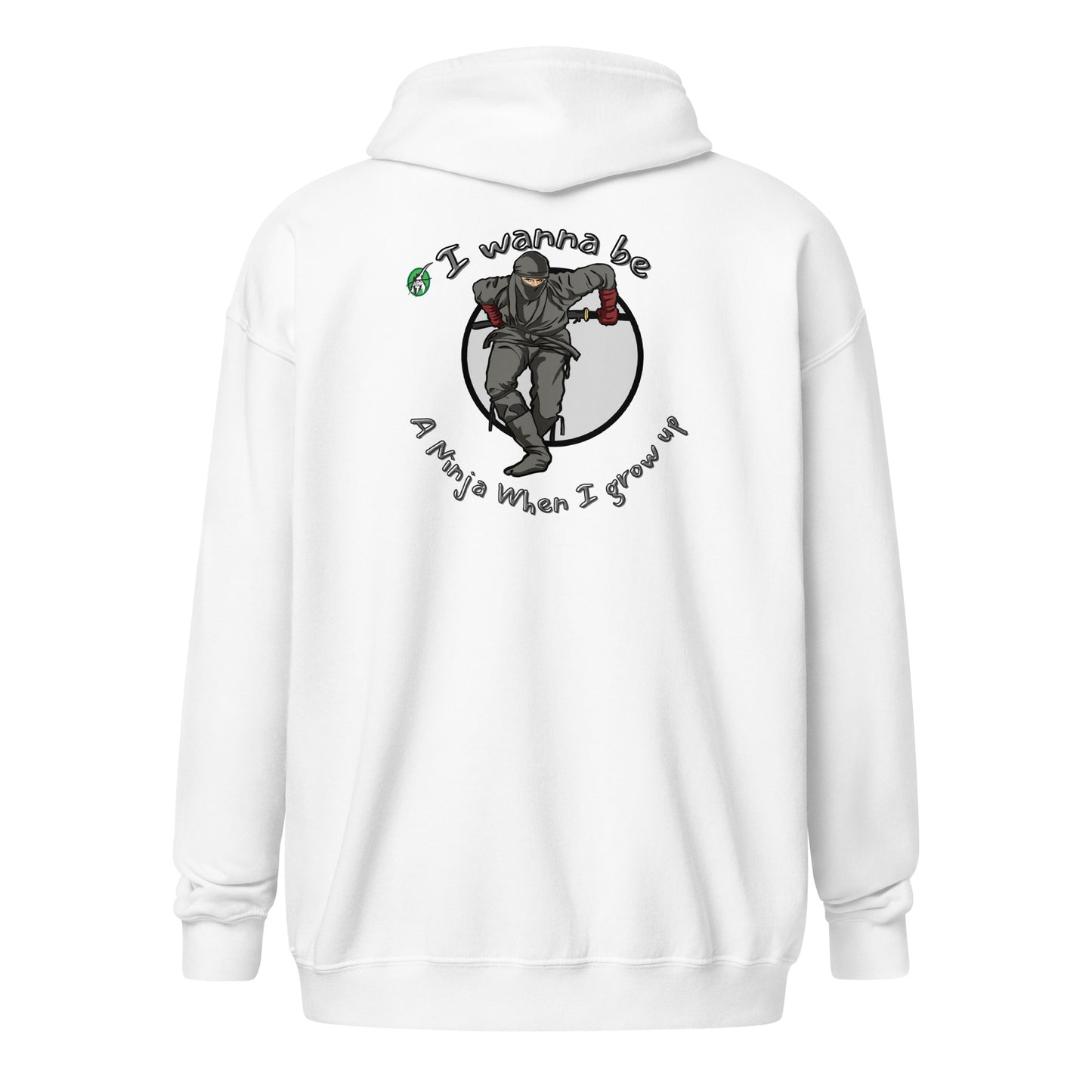 Men's white zip through hoodie with a graphic on the back of a ninja wearing grey against a white circle with the words, I wanna be a ninja when I grow up, by Wizard Prints