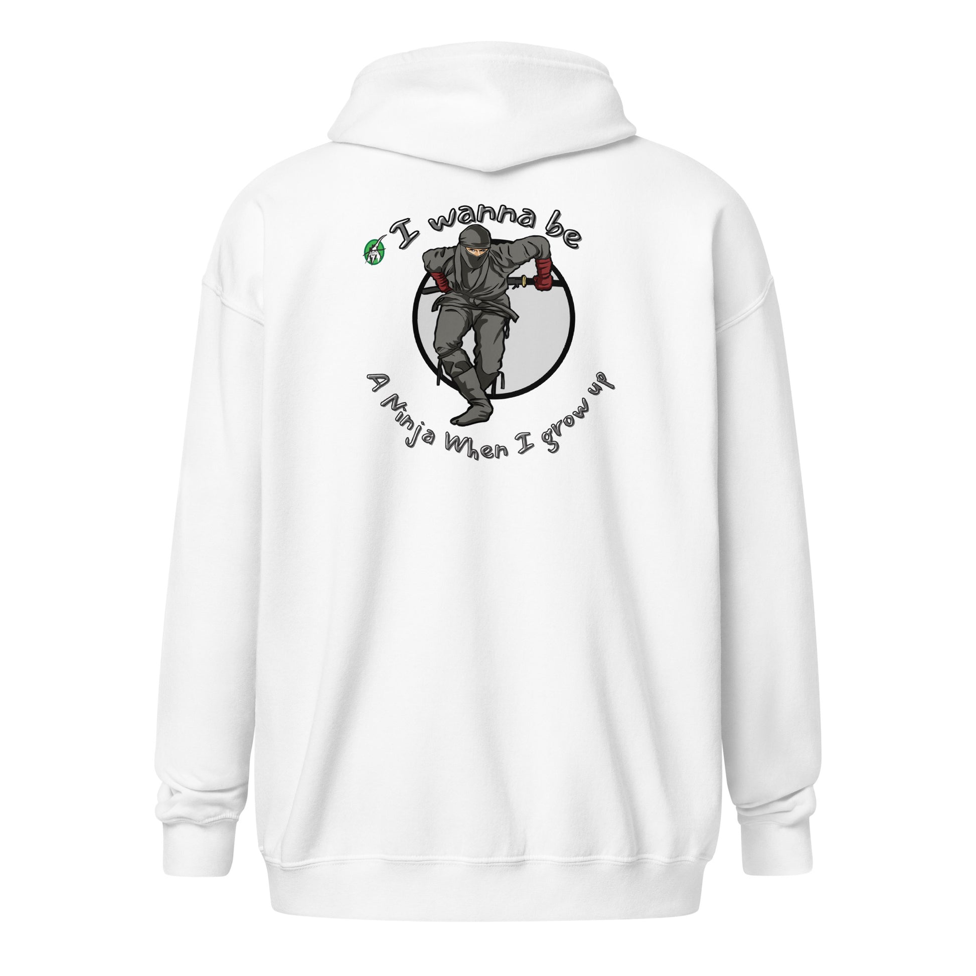 Men's white zip through hoodie with a graphic on the back of a ninja wearing grey against a white circle with the words, I wanna be a ninja when I grow up, by Wizard Prints