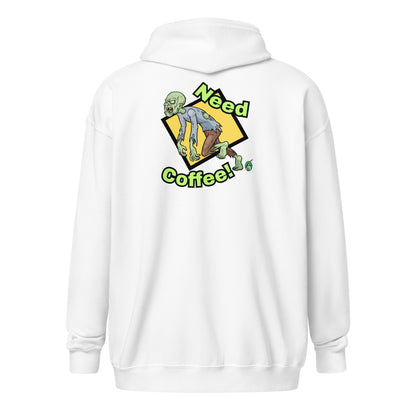 Men's white zip-through hoodie with a funny graphic of a zombie saying, 'Need Coffee' by Wizard Prints