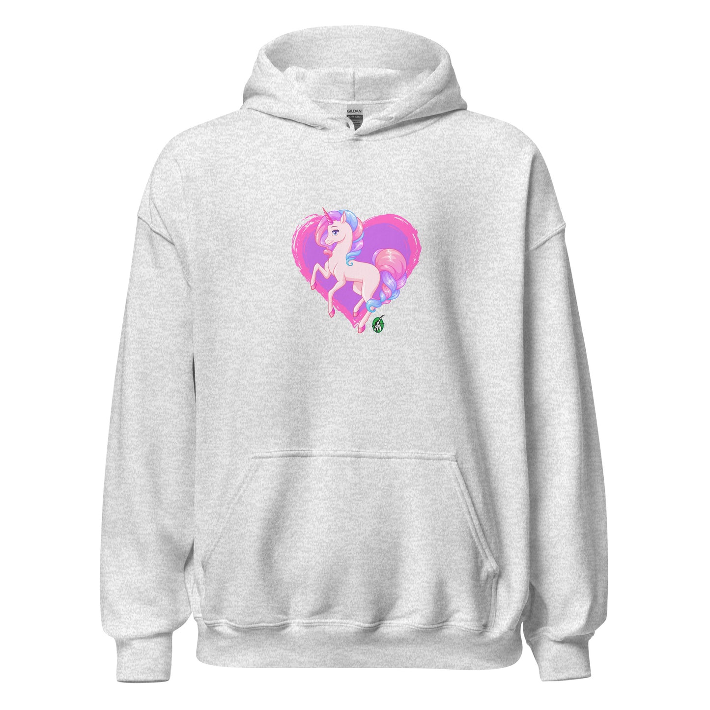 A unisex ash hoodie featuring a graphic of a pink unicorn on a purple heart background, designed by Wizard Prints.