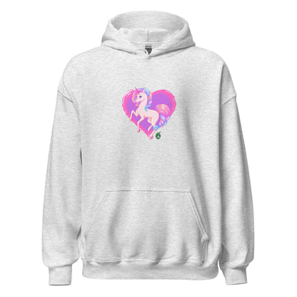 A unisex ash hoodie featuring a graphic of a pink unicorn on a purple heart background, designed by Wizard Prints.