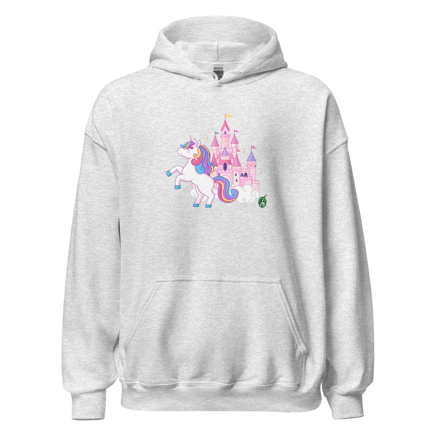 A unisex ash hoodie featuring a graphic of a unicorn in front of a castle, designed by Wizard Prints.