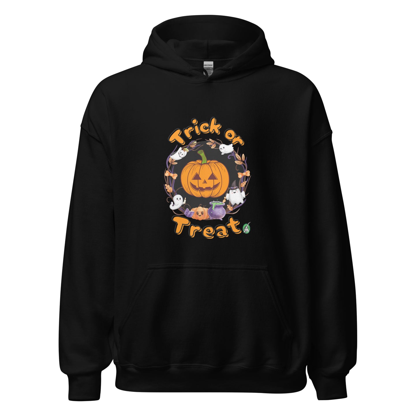 A Wizard Prints Halloween hoodie in black with a printed graphic on the front of a pumpkin saying Trick or Treat!