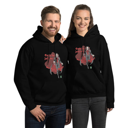A man and woman standing wearing a Wizard Prints Halloween hoodie in black with a printed graphic on the front of a vampire saying Care to Join me for a Drink?!