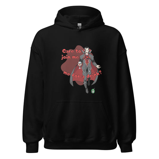 A Wizard Prints Halloween hoodie in black with a printed graphic on the front of a vampire saying Care to Join me for a Drink?!