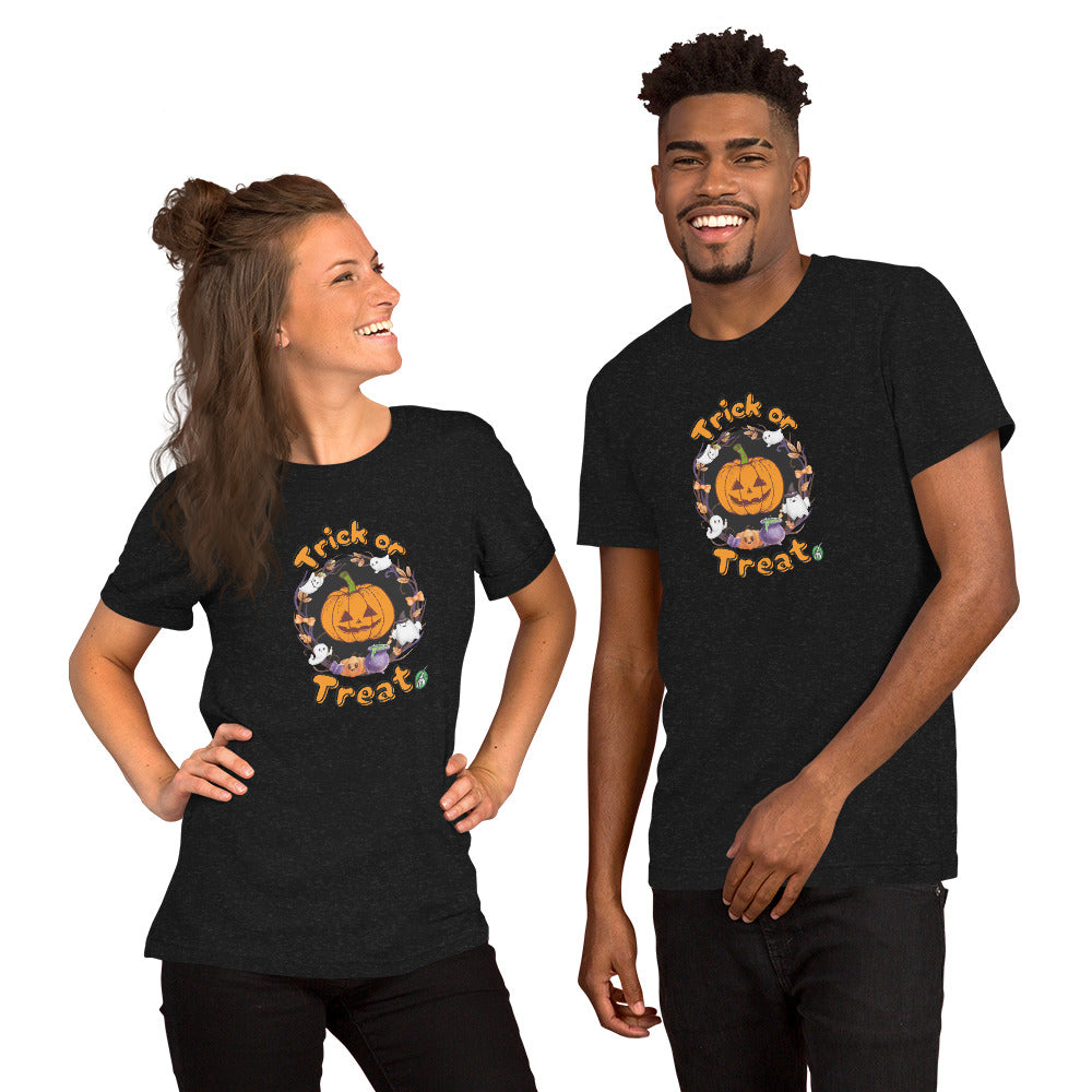 A man and woman standing wearing a Wizard Prints Halloween tee shirt in black with a printed graphic on the front of a pumpkin saying Trick or Treat!