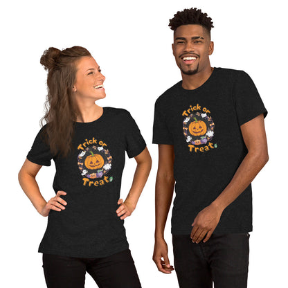 A man and woman standing wearing a Wizard Prints Halloween tee shirt in black with a printed graphic on the front of a pumpkin saying Trick or Treat!