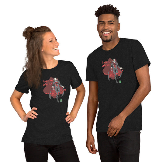 A man and woman standing wearing a Wizard Prints Halloween tee shirt in black with a printed graphic on the front of a vampire saying Care to Join me for a Drink?!