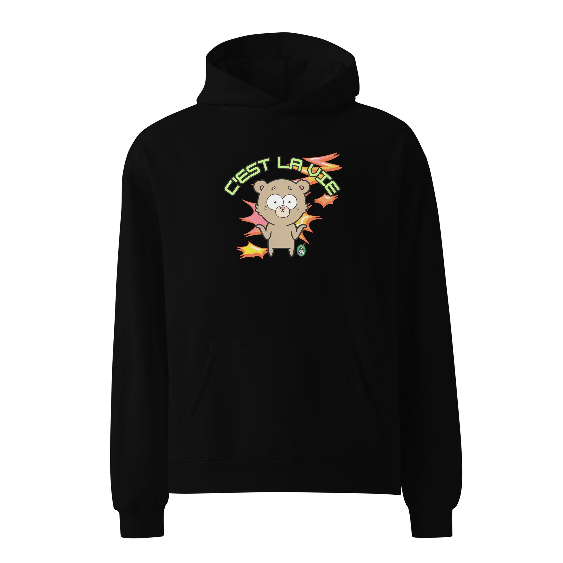 A unisex black hoodie by Wizard Prints featuring a printed graphic of a shrugging cartoon bear and the words, C'est La Vie.