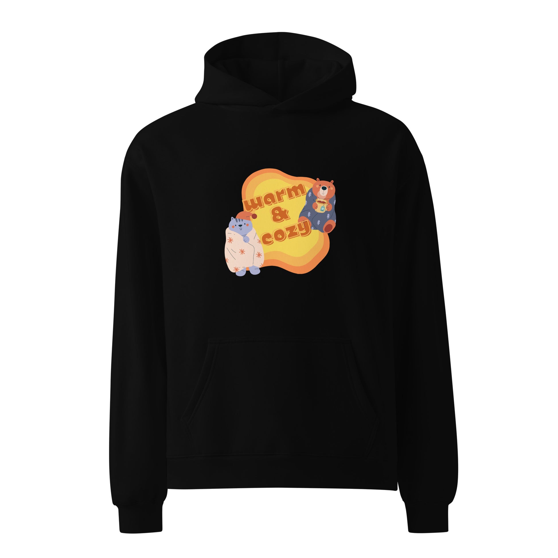 A unisex black hoodie by Wizard Prints featuring a printed graphic of a cartoon cat and bear wrapped in blankets and the words, Warm & Cozy. 