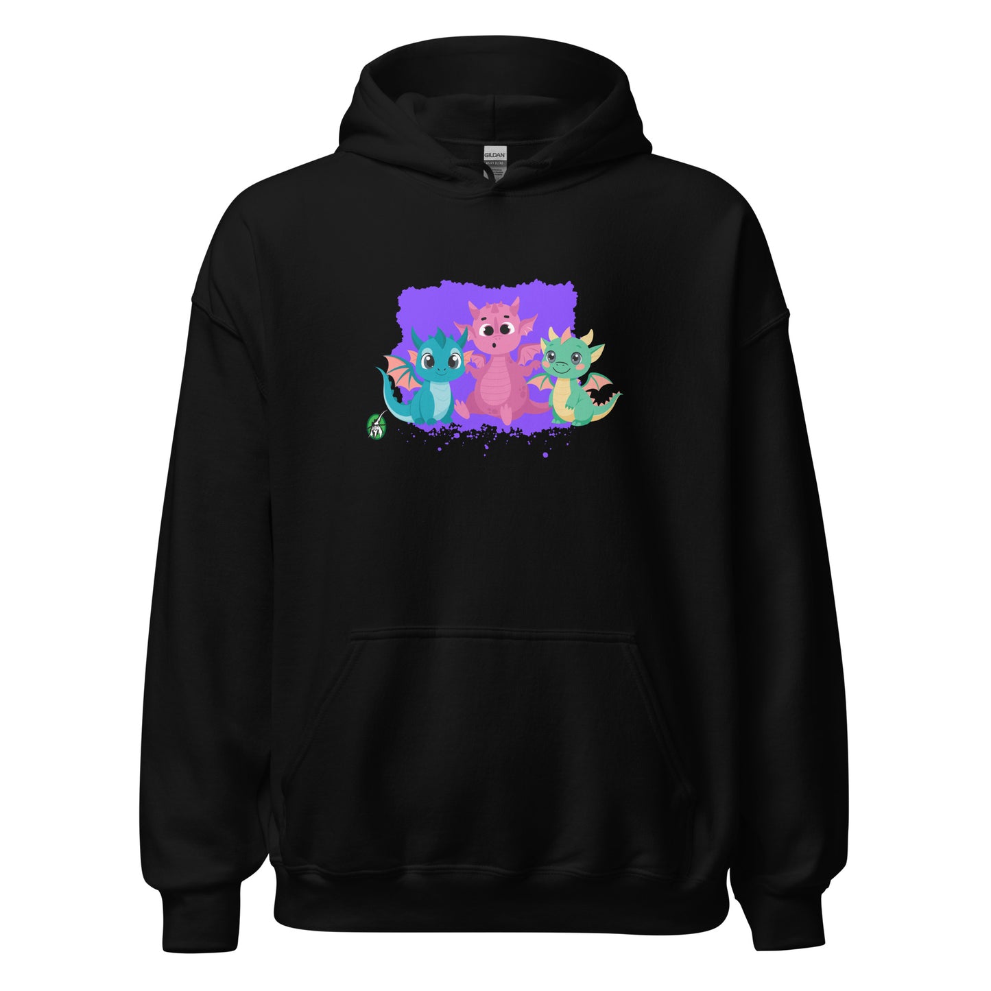 A unisex black hoodie featuring a graphic of three colorful cartoon dragons, designed by Wizard Prints.
