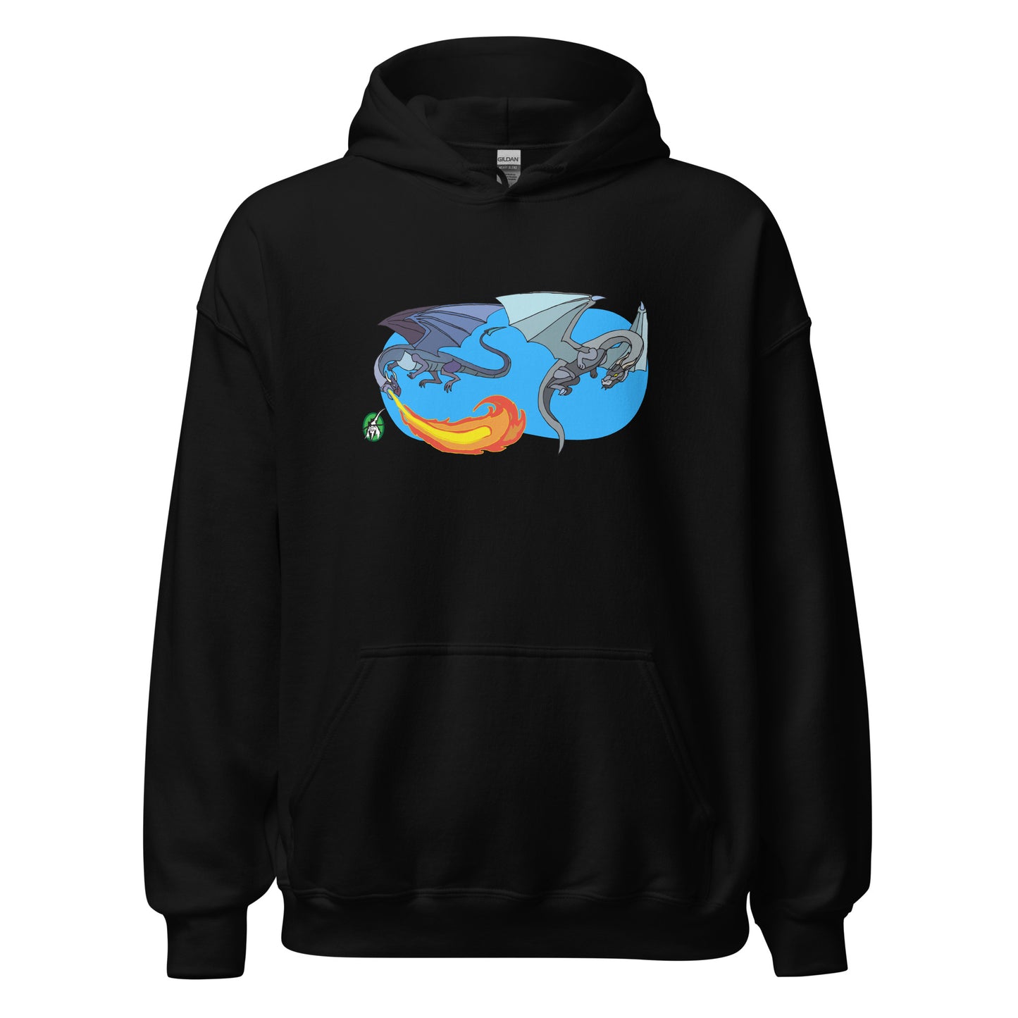 A unisex black hoodie featuring a graphic of two flying fiery dragons, designed by Wizard Prints.