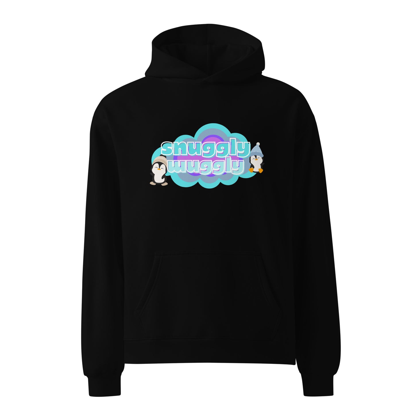 Black unisex hoodie with a graphic print of a couple of pequins in a cloud with the words, snuggly wuggly