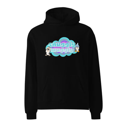 Black unisex hoodie with a graphic print of a couple of pequins in a cloud with the words, snuggly wuggly