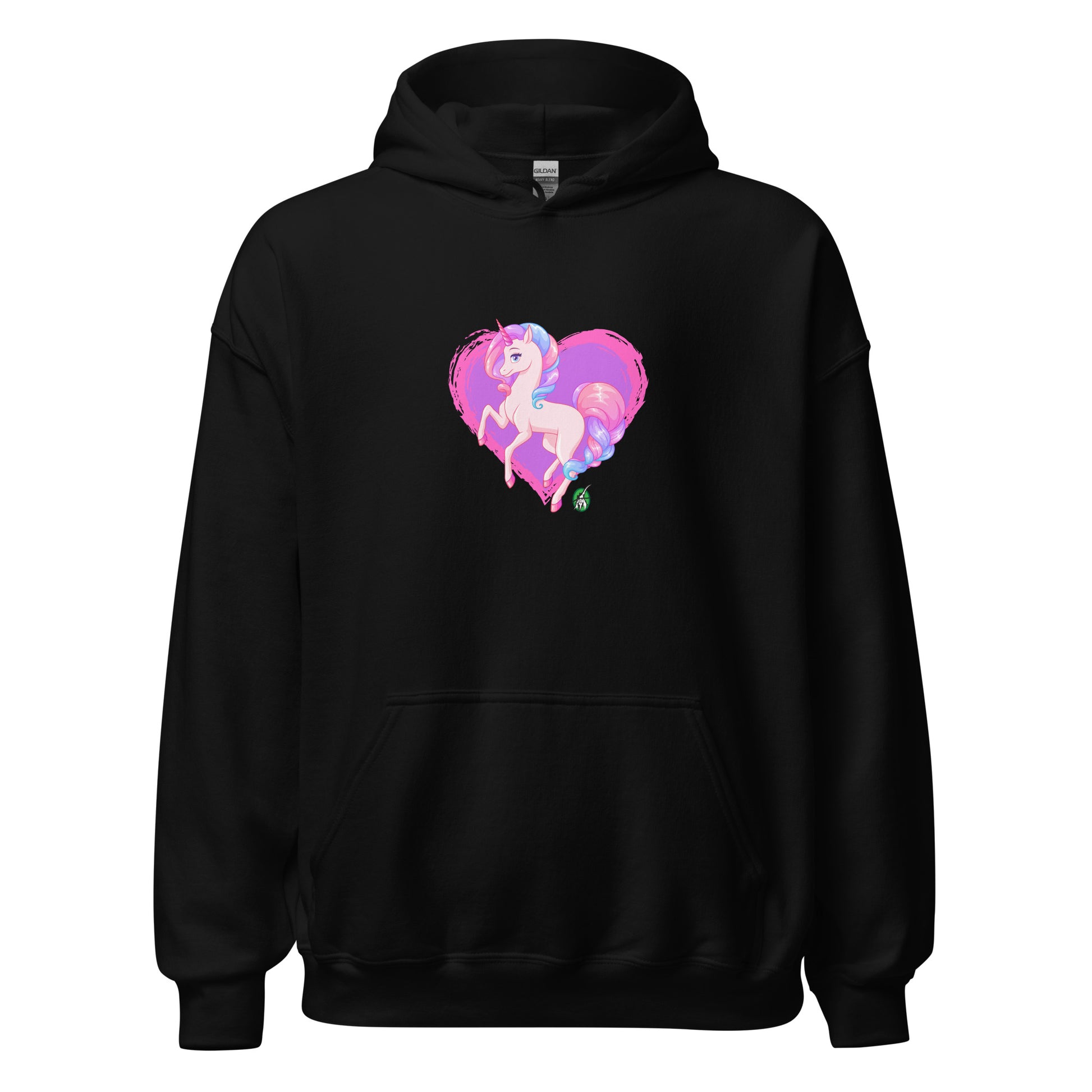 A unisex black hoodie featuring a graphic of a pink unicorn on a purple heart background, designed by Wizard Prints.