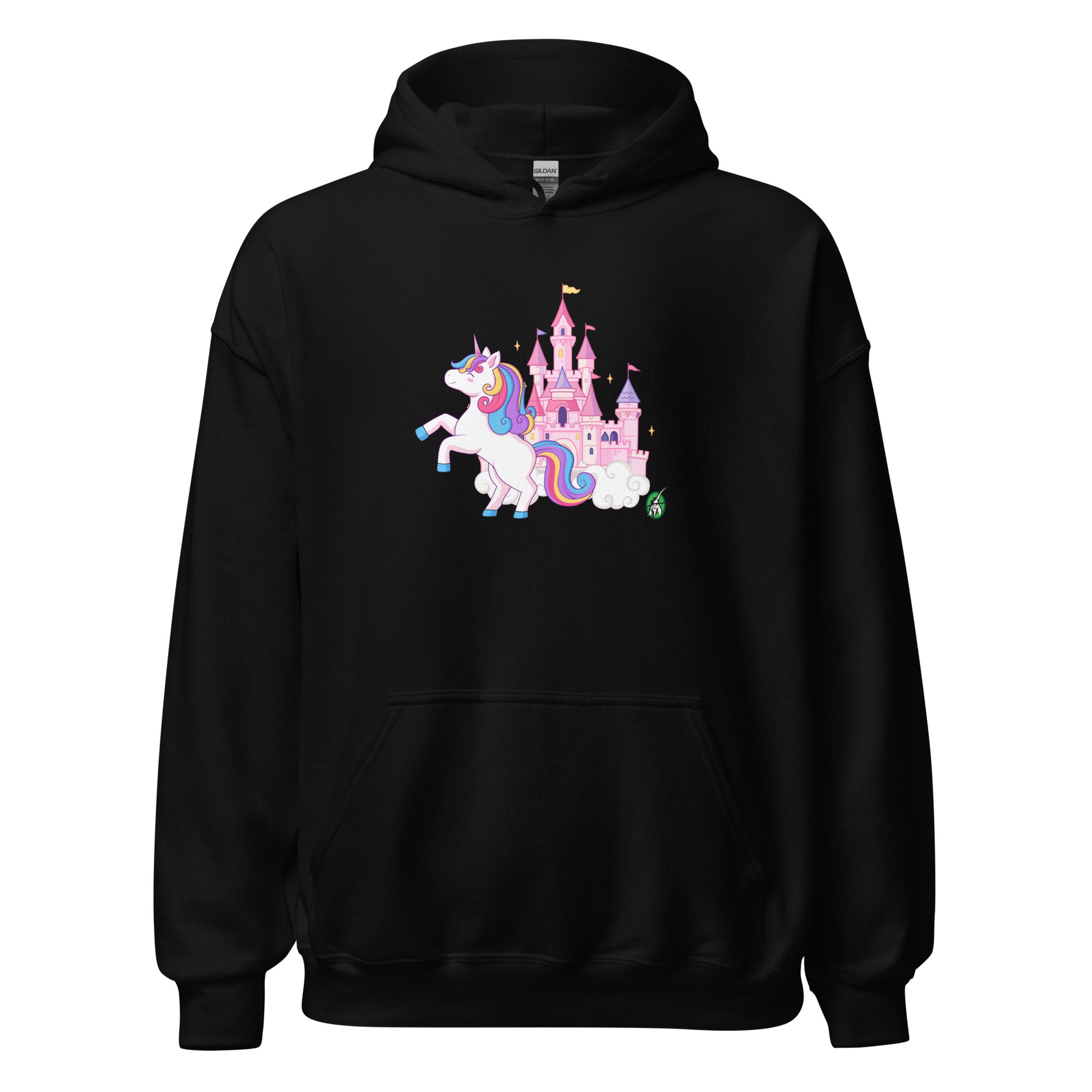 A unisex black hoodie featuring a graphic of a unicorn in front of a castle, designed by Wizard Prints.
