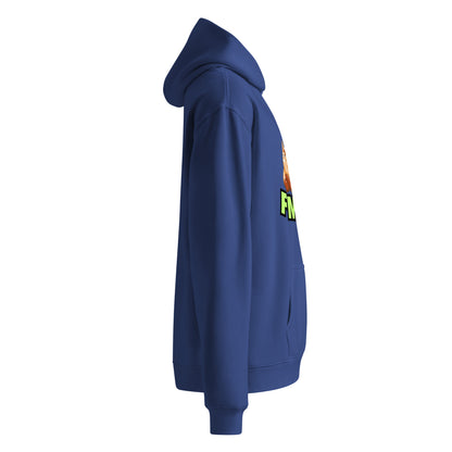 Side view of a unisex blue hoodie by Wizard Prints Shop