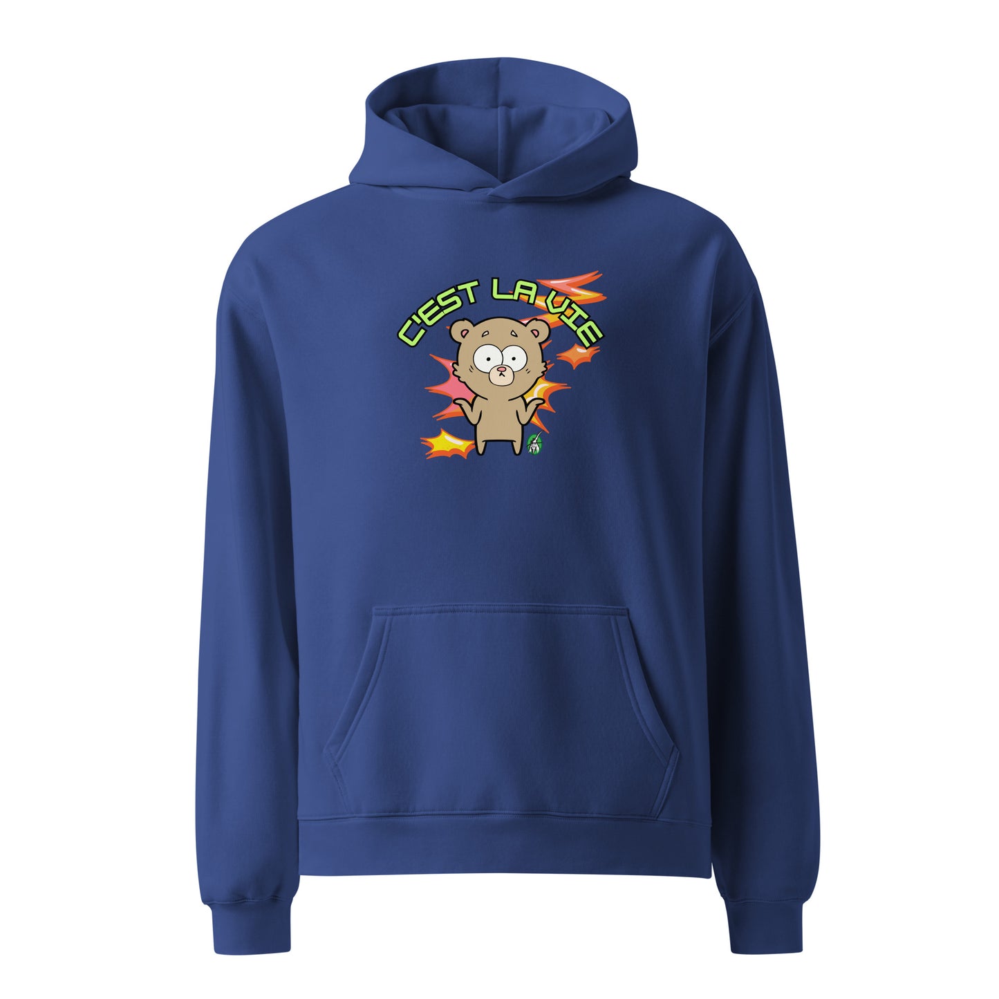 A unisex blue hoodie by Wizard Prints featuring a printed graphic of a shrugging cartoon bear and the words, C'est La Vie.
