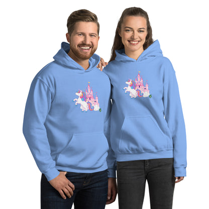 A man and a woman standing wearing a blue hoodie featuring a graphic of a unicorn in front of a castle, designed by Wizard Prints.