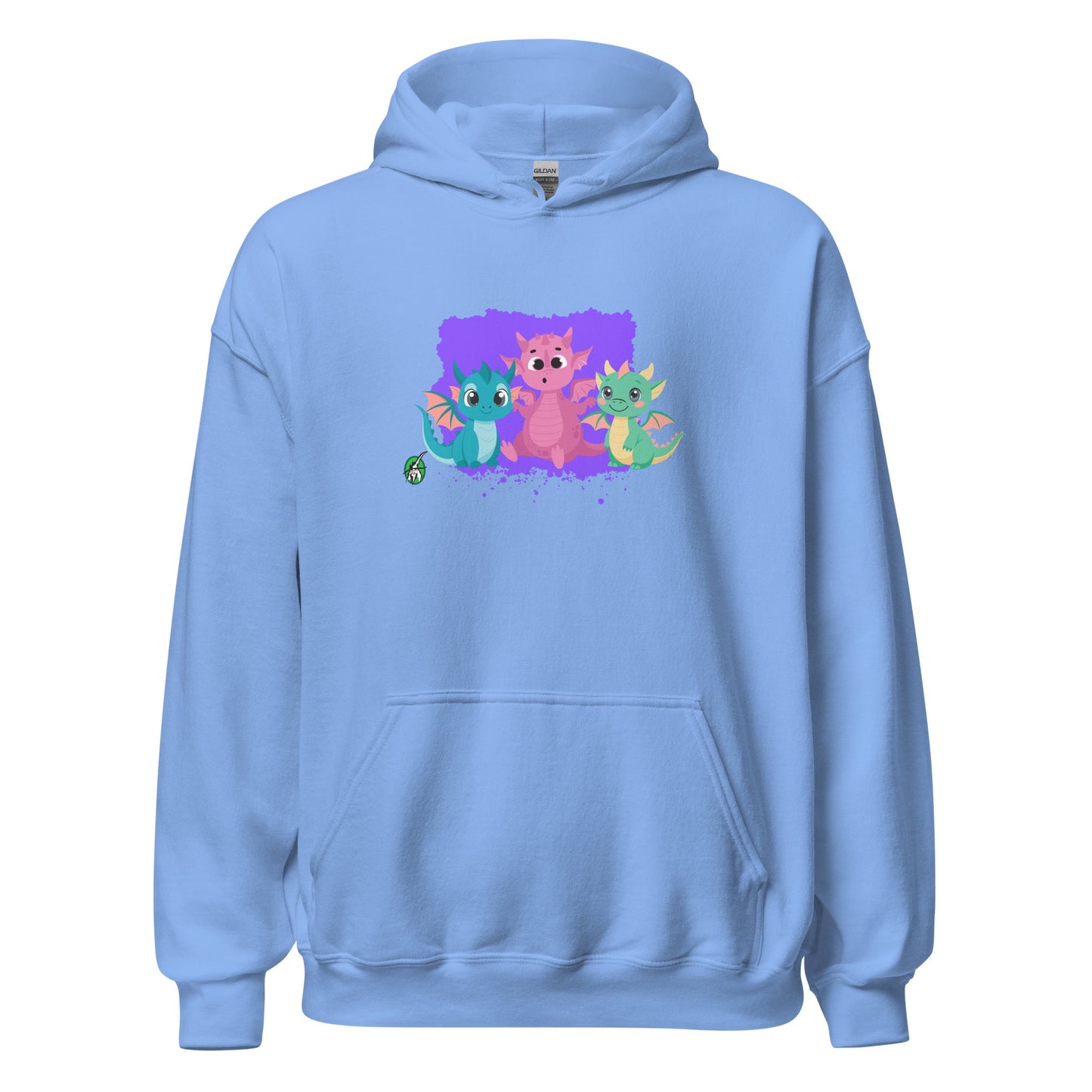 A unisex blue hoodie featuring a graphic of three colorful cartoon dragons, designed by Wizard Prints.