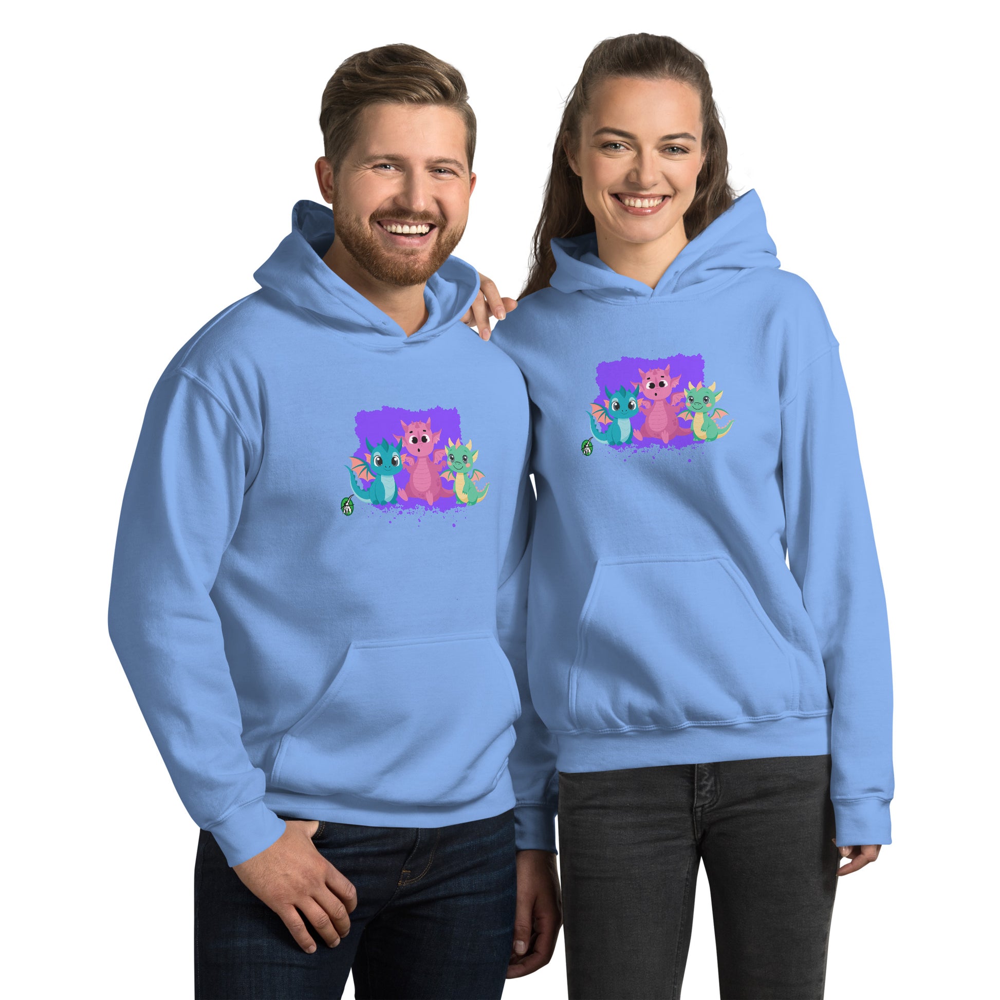 A man and a woman standing wearing a blue hoodie featuring a graphic of three colorful cartoon dragons, designed by Wizard Prints.