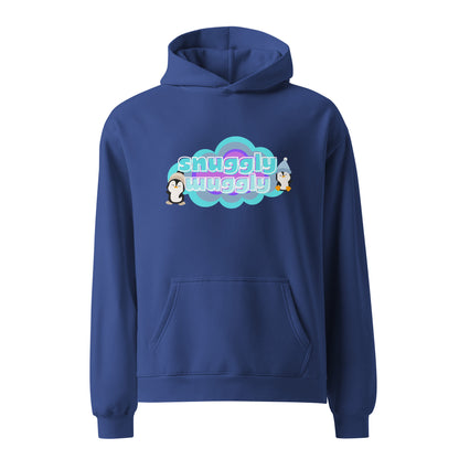 Blue unisex hoodie with a graphic print of a couple of pequins in a cloud with the words, snuggly wuggly