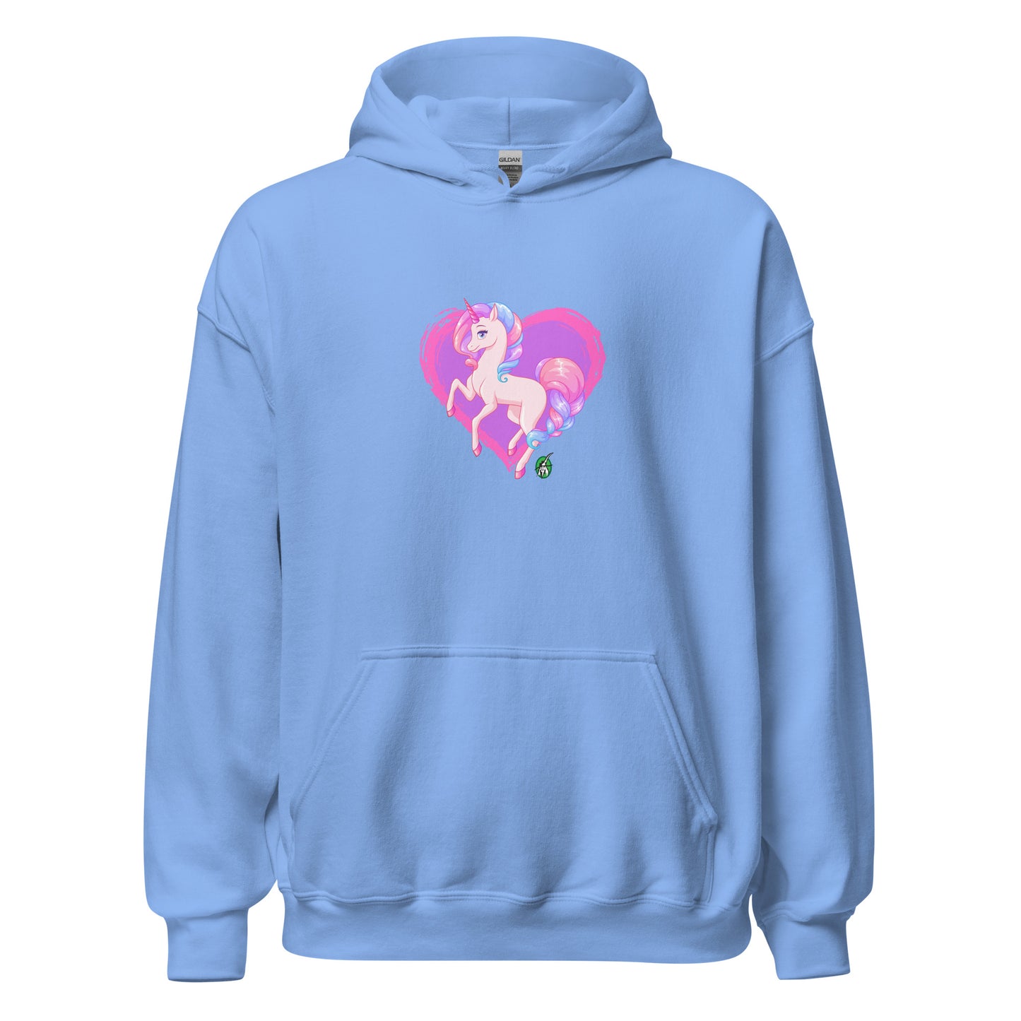 A unisex blue hoodie featuring a graphic of a pink unicorn on a purple heart background, designed by Wizard Prints.