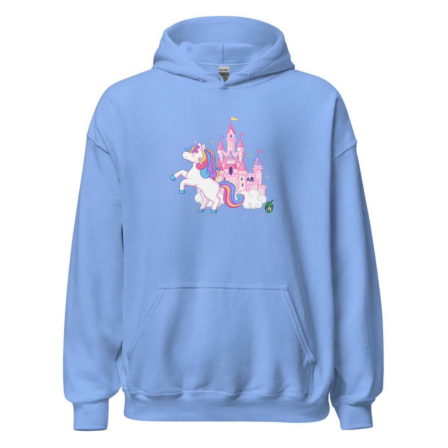 A unisex blue hoodie featuring a graphic of a unicorn in front of a castle, designed by Wizard Prints.