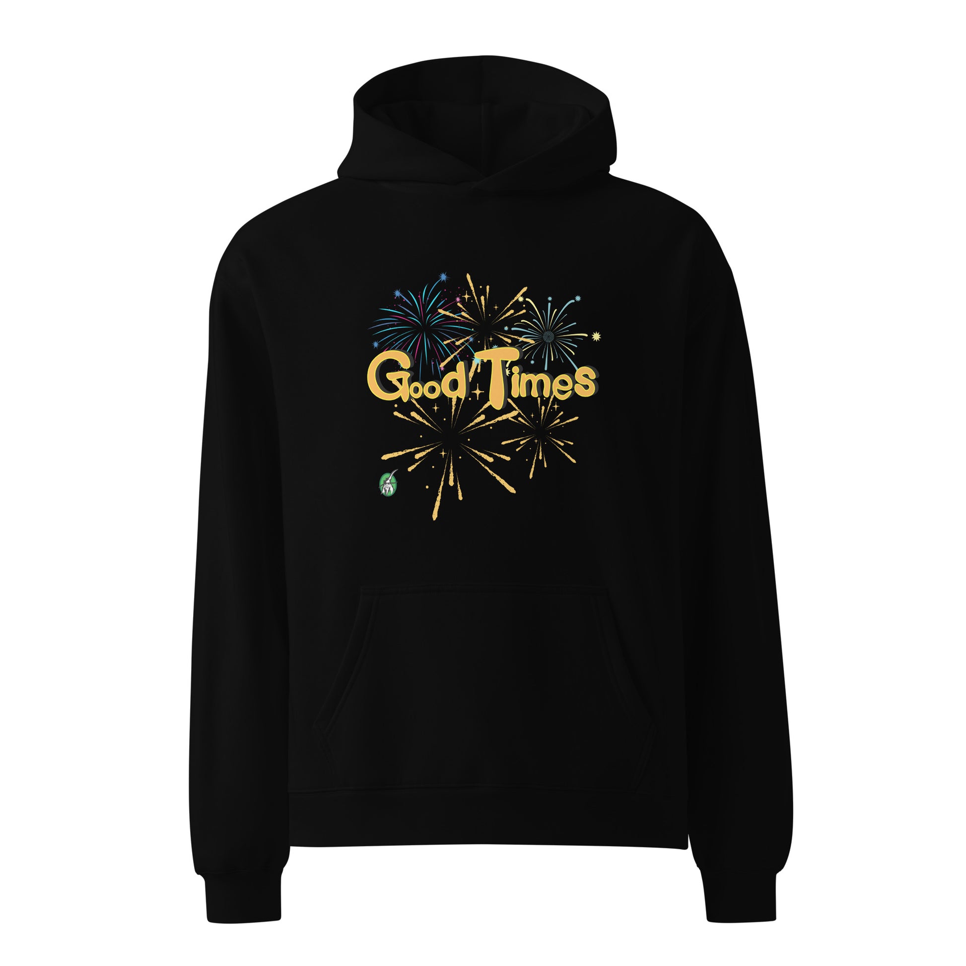 A unisex black hoodie by Wizard Prints featuring a printed graphic of fireworks with the words, 'Good Times'.