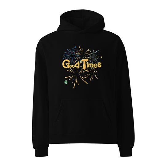 A unisex black hoodie by Wizard Prints featuring a printed graphic of fireworks with the words, 'Good Times'.