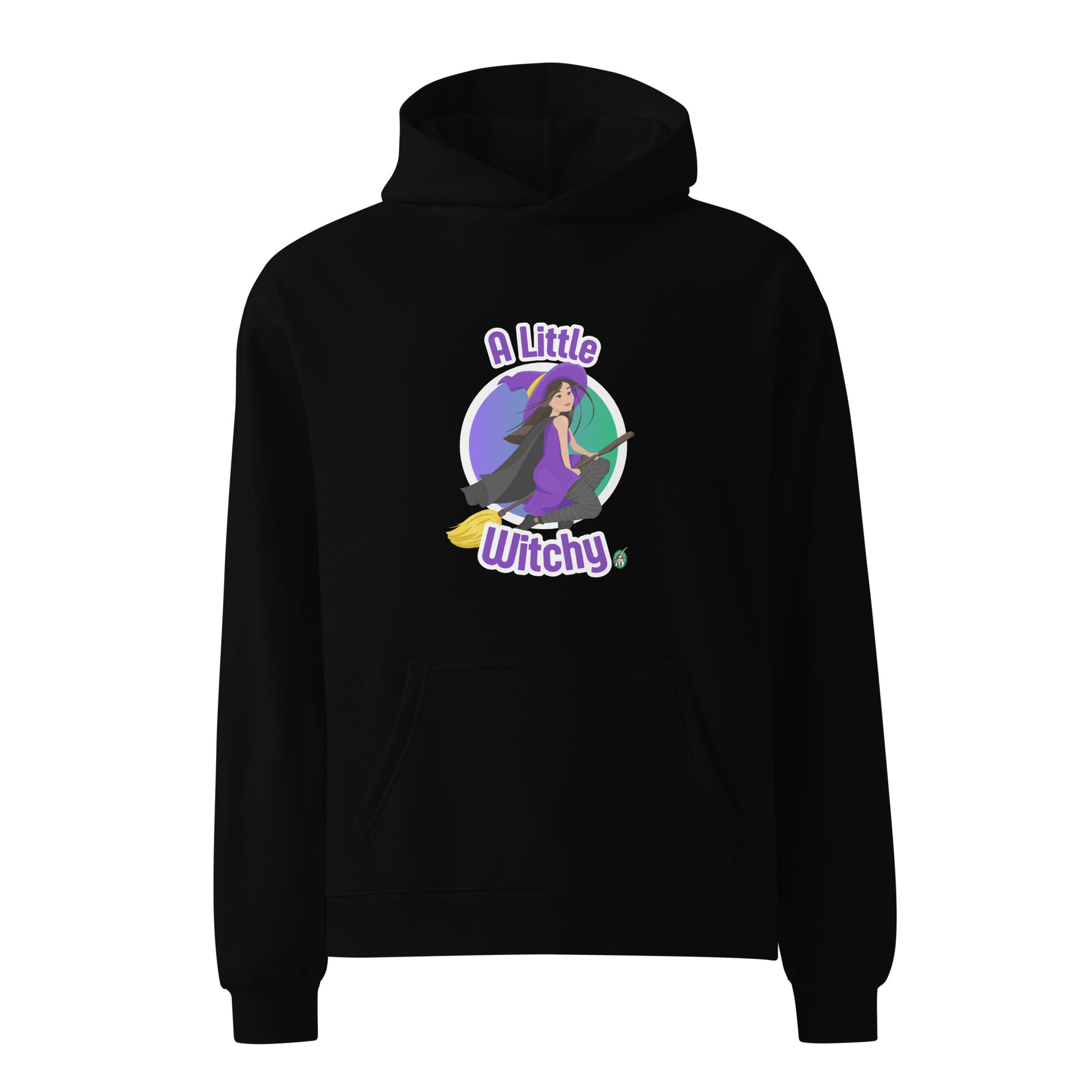 A unisex black hoodie by Wizard Prints featuring a printed graphic of a witch riding a flying broom, with the text, A Little Witchy.