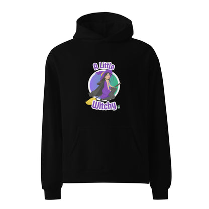 A unisex black hoodie by Wizard Prints featuring a printed graphic of a witch riding a flying broom, with the text, A Little Witchy.