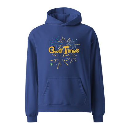 A unisex blue hoodie by Wizard Prints featuring a printed graphic of fireworks with the words, 'Good Times'.