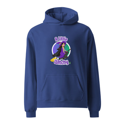 A unisex blue hoodie by Wizard Prints featuring a printed graphic of a witch riding a flying broom, with the text, A Little Witchy.