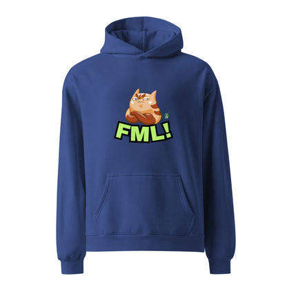 A unisex blue hoodie by Wizard Prints featuring a printed graphic of a grumpy cat with the words, 'FML!'. 