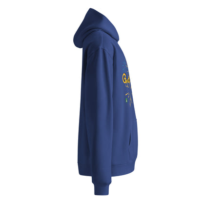 Right side view of a unisex blue hoodie by Wizard Prints Shop