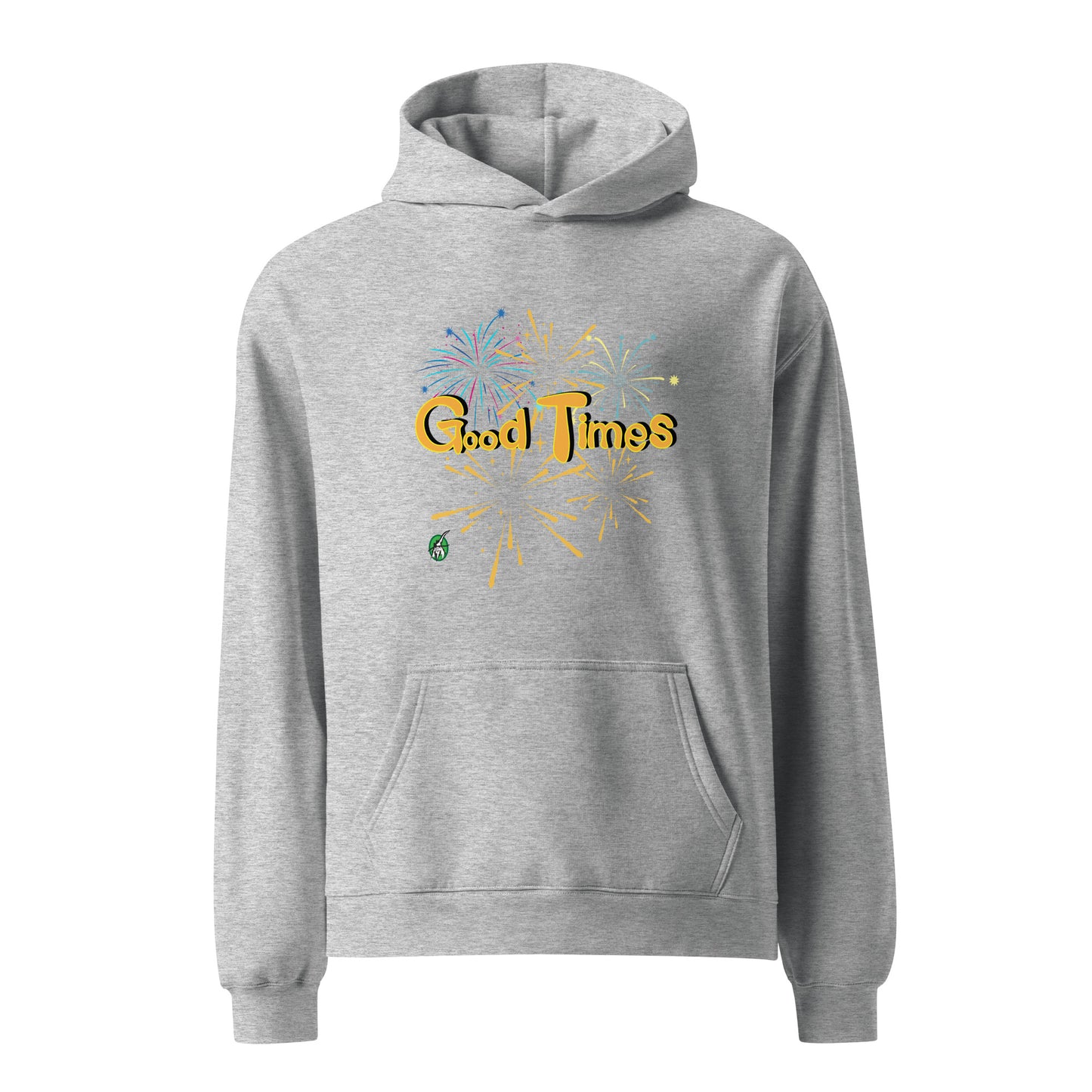 A unisex grey hoodie by Wizard Prints featuring a printed graphic of fireworks with the words, 'Good Times'.