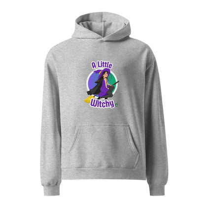 A unisex grey hoodie by Wizard Prints featuring a printed graphic of a witch riding a flying broom, with the text, A Little Witchy.