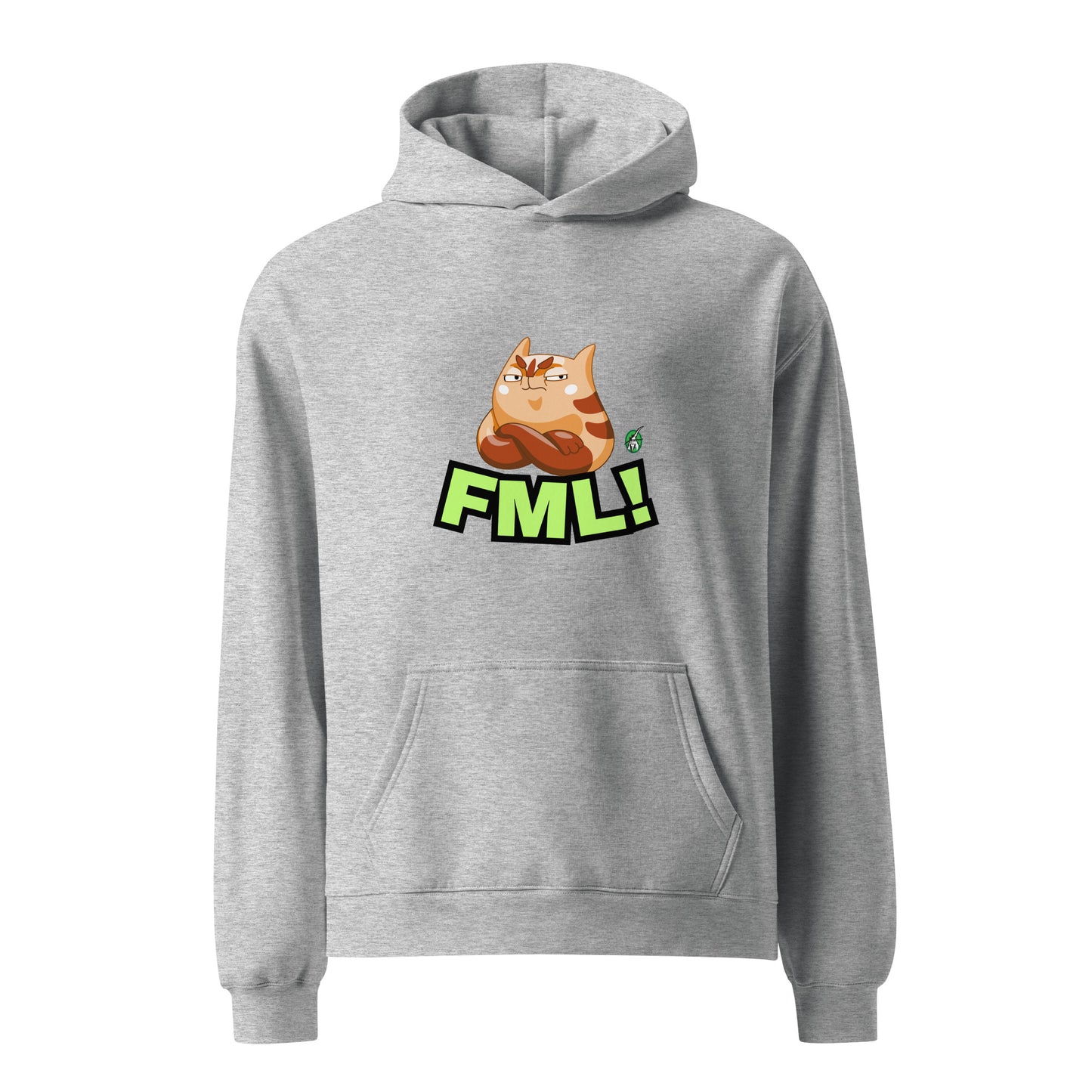 A unisex grey hoodie by Wizard Prints featuring a printed graphic of a grumpy cat with the words, FML.