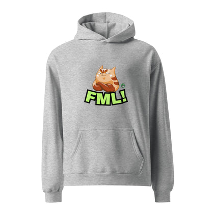 A unisex grey hoodie by Wizard Prints featuring a printed graphic of a grumpy cat with the words, FML.