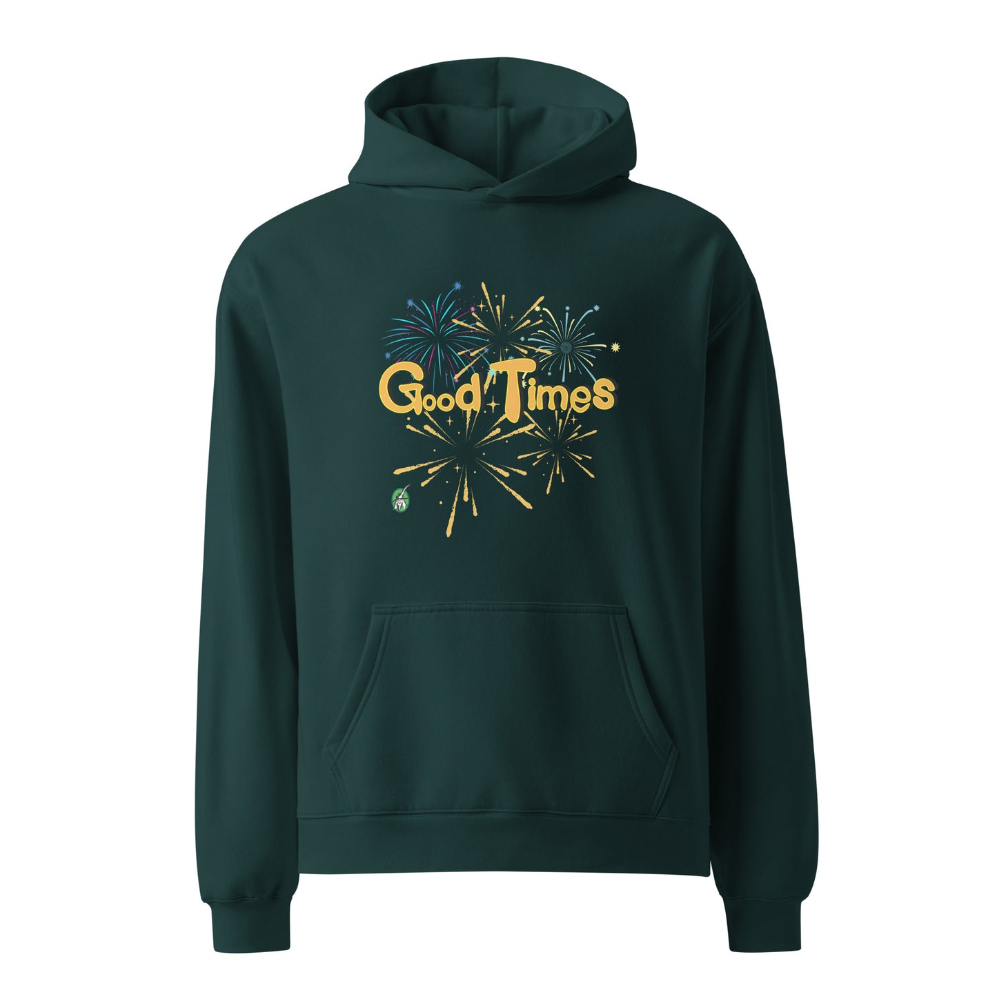 A unisex pine green hoodie by Wizard Prints featuring a printed graphic of fireworks with the words, 'Good Times'.