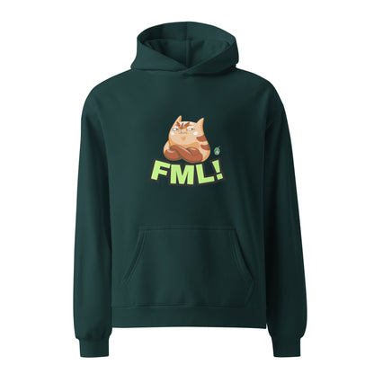 A unisex pine green hoodie by Wizard Prints featuring a printed graphic of a grumpy cat with the words, 'FML!'. 