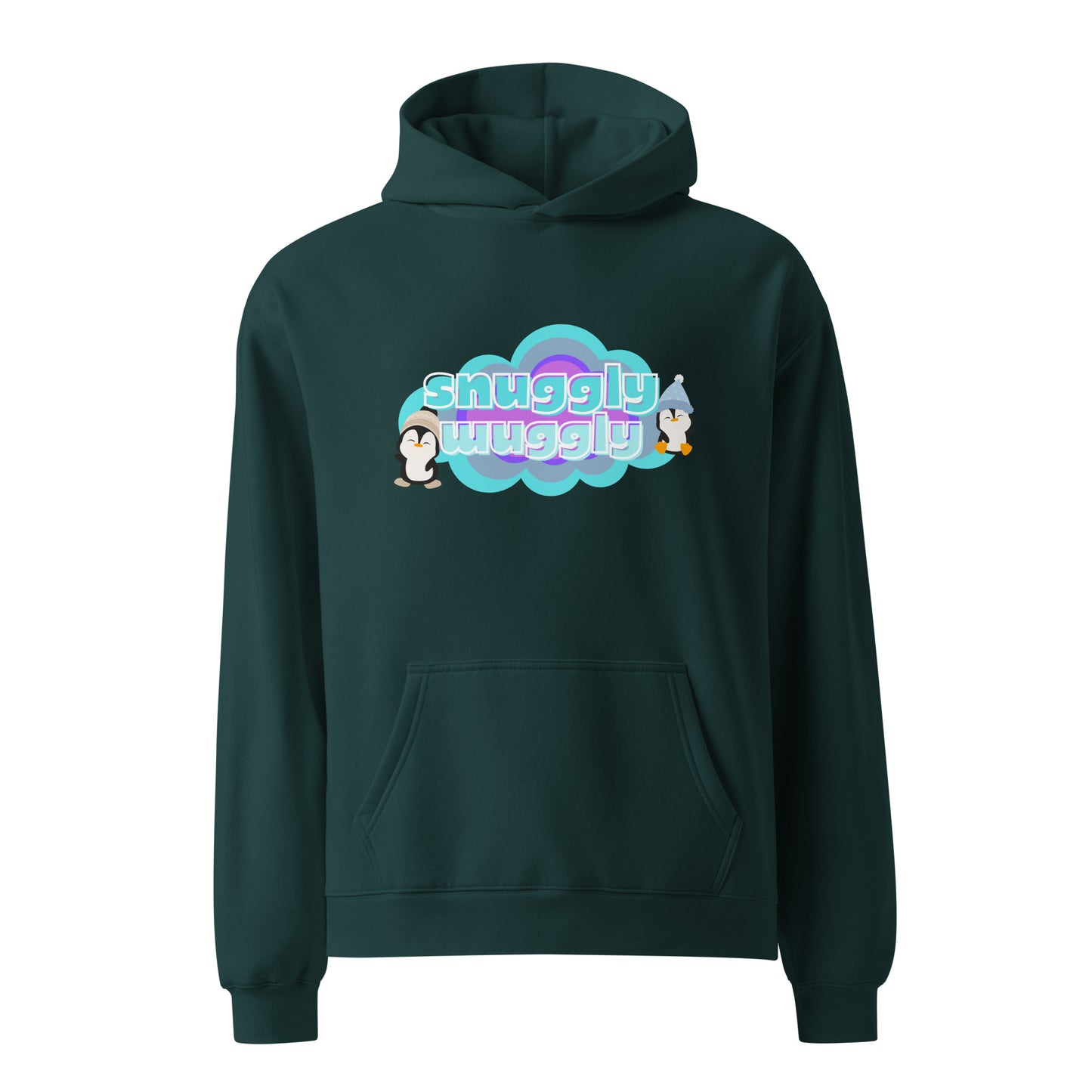Green unisex hoodie with a graphic print of a couple of pequins in a cloud with the words, snuggly wuggly