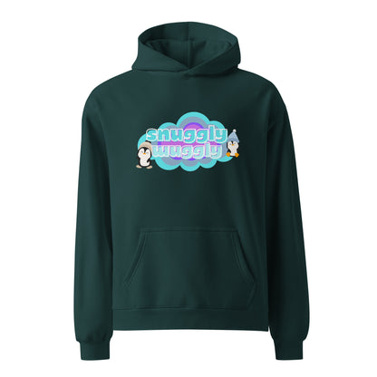 Green unisex hoodie with a graphic print of a couple of pequins in a cloud with the words, snuggly wuggly